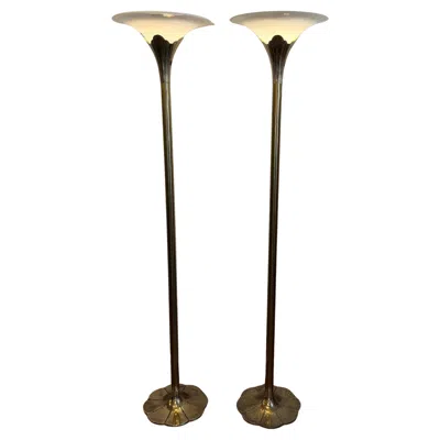 Pre-owned Stiffel Pair Of Vintage  Brass Tulip Torchiere Floor Lamps In Black