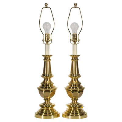 Pre-owned Stiffel Pair Of Vintage  Tall Brass Candlestick Baluster Table Lamps In Brown