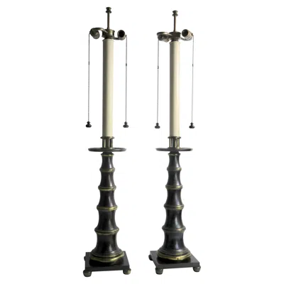 Pre-owned Stiffel Pr. Faux Bamboo Brass Table Lamps By  In Black