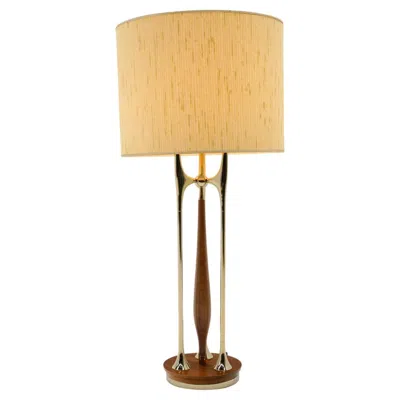 Pre-owned Stiffel Tall Table Lamp In Brass And Walnut With Original Shade, Possibly  In Brown