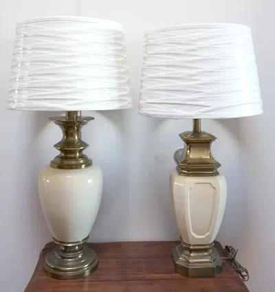 Pre-owned Stiffel Vintage Assembled Set Of Egg Shell Ceramic And Brass Table Lamps In Brown