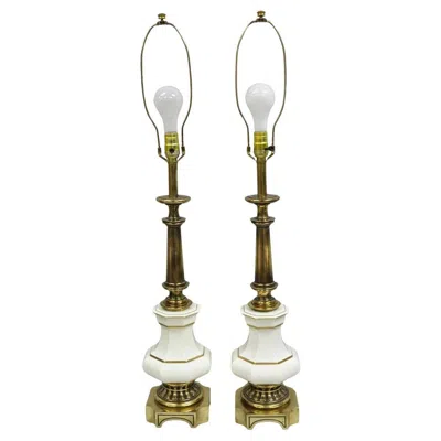 Pre-owned Stiffel Vintage  Empire Style Burnished Brass & Porcelain Table Lamps (a) - Pair In Sand