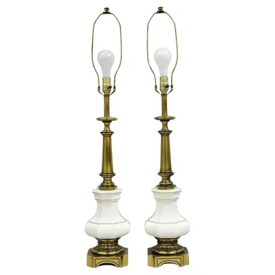 Pre-owned Stiffel Vintage  Empire Style Burnished Brass & Porcelain Table Lamps (b) - Pair In Sand