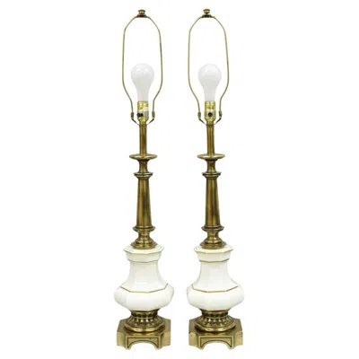 Pre-owned Stiffel Vintage  Empire Style Burnished Brass & Porcelain Table Lamps (c) - Pair In Sand