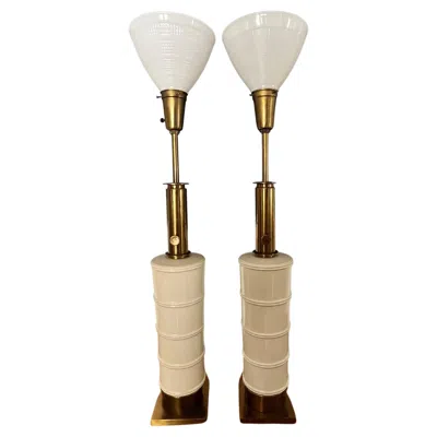 Pre-owned Stiffel Vintage  Faux Bamboo Ceramic Lamps In Sand