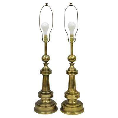 Pre-owned Stiffel Vintage  Neoclassical Brass Cannonball Column Table Lamps - A Pair In Brown