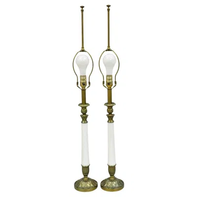 Pre-owned Stiffel Vintage  White Glass Column French Hollywood Regency Table Lamps - A Pair