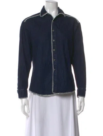 Pre-owned Still Here Long Sleeve Button-up Top In Blue