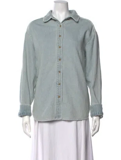 Pre-owned Still Here Long Sleeve Button-up Top In Blue