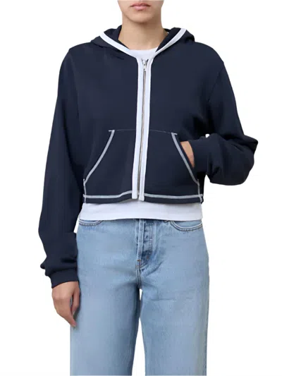 Still Here Neighborhood Crop Zip Up Hoodie In Navy In Blue