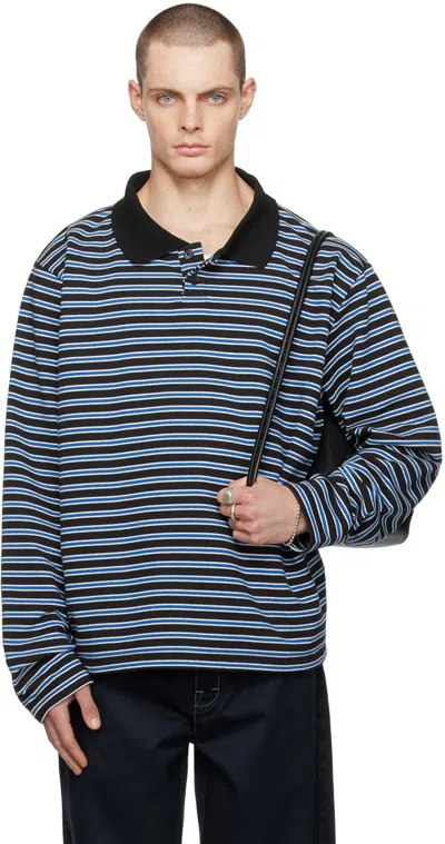 Still Kelly Black & Blue Striped Sweatshirt Polo In Black / White / Blue