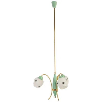 Pre-owned Stilnovo 1950s Brass And Green Enameled Metal Chandelier With Glass Shades