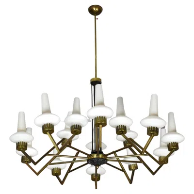 Pre-owned Stilnovo 1950s Italian 15-light Chandelier, Brass & Opaline Glass, Attributed To  In White
