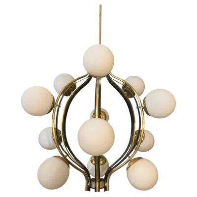 Pre-owned Stilnovo 1950s Mid--century Modern Brass And White Glass 12 Lights Chandelier By