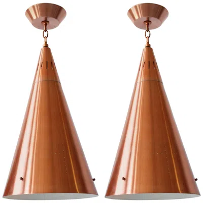 Pre-owned Stilnovo 1950s Pair Of Huge Pendant In Copper Anodized Aluminium With Glass Lens In Brown