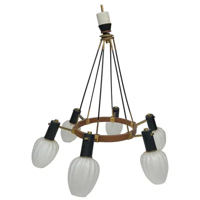 Pre-owned Stilnovo 1960s  Style Mid-century Modern Brass Teak And Glass Italian Chandelier In Brown