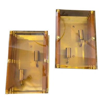 Pre-owned Stilnovo 1970s Set Of Two Mid-century Modern Rectangular Italian Wall Sconces In Brown
