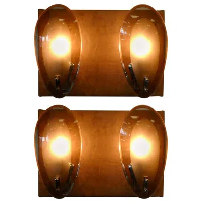 Pre-owned Stilnovo 2 Pairs Of Vintage Italian Glass & Chrome Sconces By  In Brown