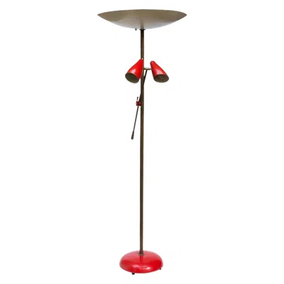 Pre-owned Stilnovo 50s Floor Lamp Brass Enamelled Red And Cream Shades Italian Design By  In White