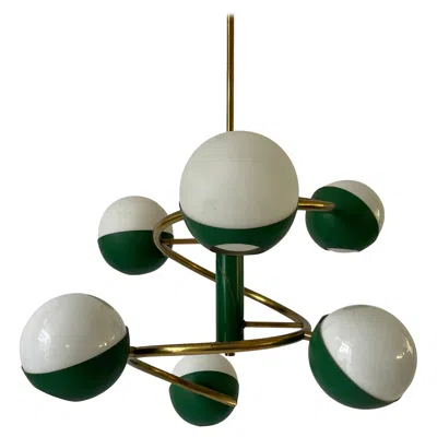 Pre-owned Stilnovo 6 Arms Green Brass Ceiling Lamp Attributed , 1960s, Italy