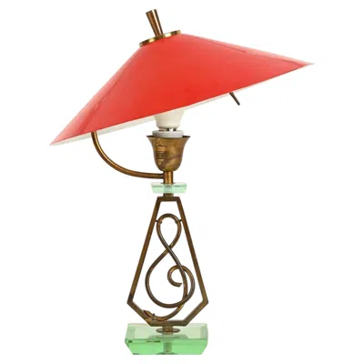 Pre-owned Stilnovo Adjustable Table Lamp In Red Metal, Brass And Green Glass, Italy 1950s