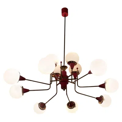 Pre-owned Stilnovo Chandelier 12 Light Brass Metal Opaline Glass, 1950, Italy In White