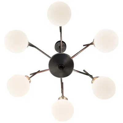 Pre-owned Stilnovo Chandelier 6 Light Brass Metal Opaline Glass, 1955, Italy In White