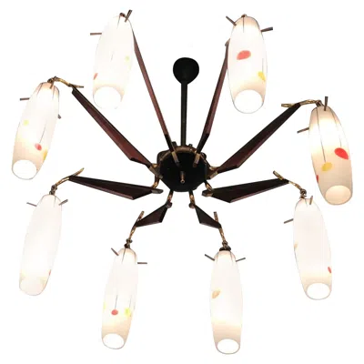 Pre-owned Stilnovo Chandelier Brass Wood Opaline Glass 1955 Italy In Sand