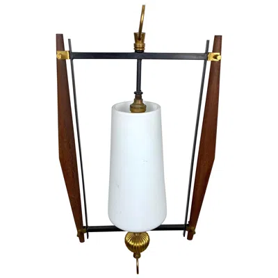 Pre-owned Stilnovo Chandelier In Teak And Opaline Glass Metal Pendant  Style, Italy, 1960s In Brown