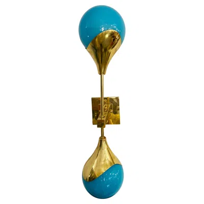 Pre-owned Stilnovo Contemporary Italian Single Two Globe Turquoise Murano Glass Brass Sconce In Blue