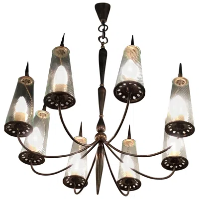 Pre-owned Stilnovo Couple Chandlers Brass Glass 8 Lights, Italy, Attributed To  Circa 1948 In Sand