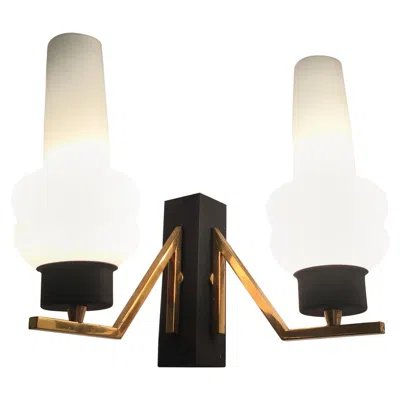 Pre-owned Stilnovo Couple Sconces Italia Brass Iron, White Opal Glass, Attrib To , C 1960s