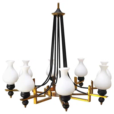 Pre-owned Stilnovo In The Manner Italian Century Chandelier In Brass And Opaline In Sand