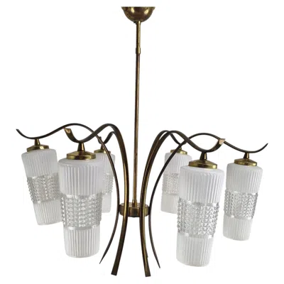 Pre-owned Stilnovo Italian Mid-century Brass Chandelier With Murano Style Glass Shades, 1960's In Transparent