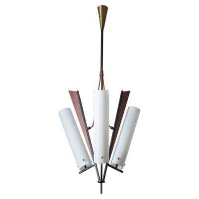 Pre-owned Stilnovo Italian Modernist Chandelier, 1950s, Brass, Satin Glass And Teak In Brown