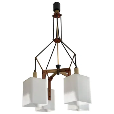 Pre-owned Stilnovo Italian Opaline Glass, Brass And Teak Chandelier Attributed To , 1960s In Brown