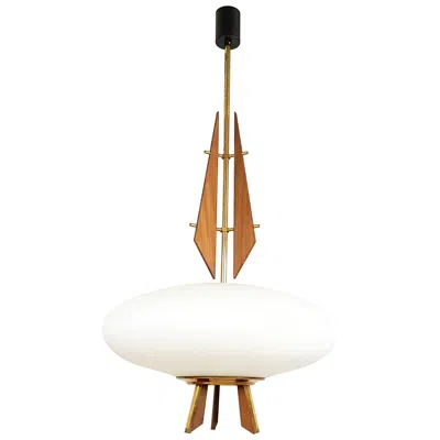Pre-owned Stilnovo Italian Teak, Brass & Opaline Glass Shade 1960s Pendant Lamp In Brown