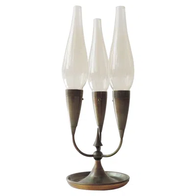 Pre-owned Stilnovo Italian Three Lights Table Lamp In Brass And Glass, Italy, 1940s In Sand