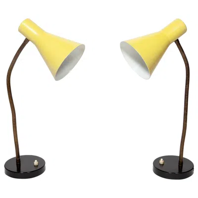 Pre-owned Stilnovo Lamps Table Pair Metal Gooseneck Adjustable Yellow Shades 1960 Mid-centurymodern