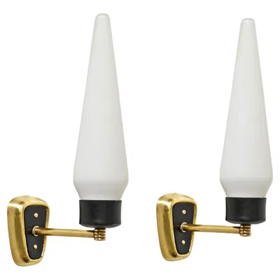 Pre-owned Stilnovo Large Pair Of Sconces In Opal Glass, Black Metal And Brass, Italy, 1950