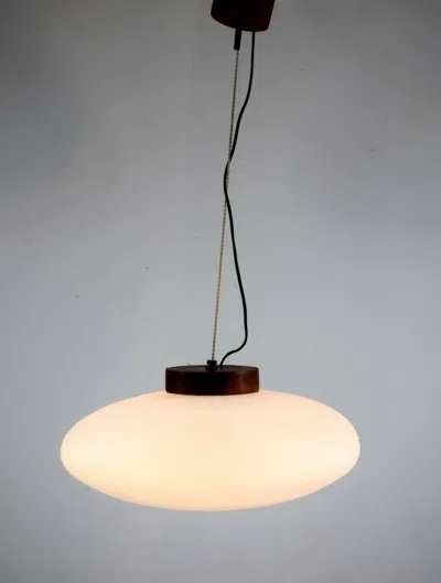 Pre-owned Stilnovo Large  Pendant Brushed Satin Glass Diffuser And Wood, Italy, 1950s In Brown