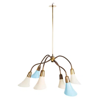 Pre-owned Stilnovo Mid Century Italian Brass And Glass Six Arm Pendant Chandelier , C.1950 In Transparent
