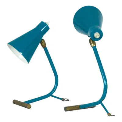 Pre-owned Stilnovo Midcentury Italian Teal Green And Brass Table Lamps Attributed To , 1950