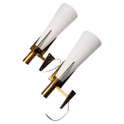 Pre-owned Stilnovo Mid-century Modern Brass & Opaline Glass Wall Sconces By  In Sand