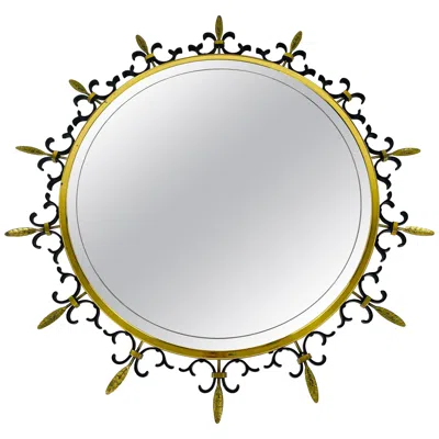 Pre-owned Stilnovo Mid-century Modern Italian Round Illuminated Brass Wall Mirror, Italy, 1960s In Gray