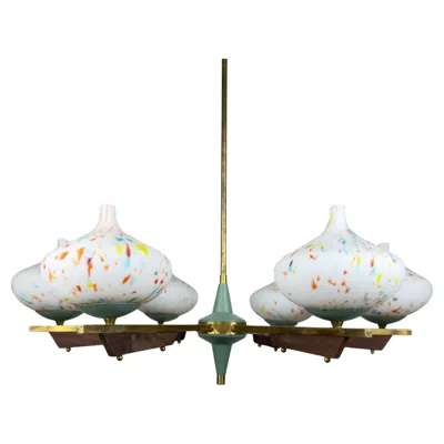 Pre-owned Stilnovo Mid-century  Chandelier With Teak And Murano Glass, Italy 1940-50s In Brown