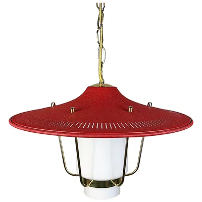 Pre-owned Stilnovo Midcentury  Lantern Brass & Red Lacquered Shade, 1950s, Italy