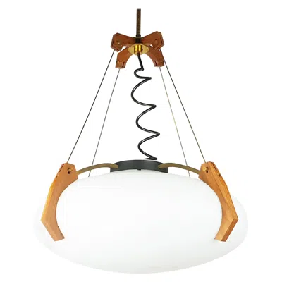 Pre-owned Stilnovo Midcentury Teak, Brass And Opaline Glass Italian Pendant Attributed To  In Brown