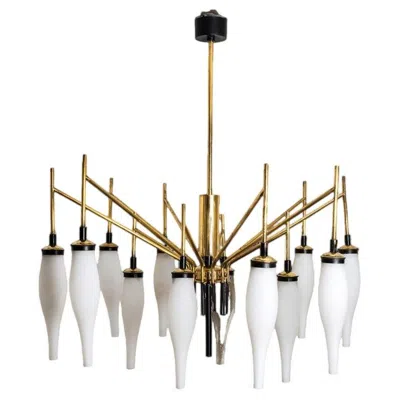 Pre-owned Stilnovo Milkglass And Brass Chandelier, Italy, 1960s In Sand