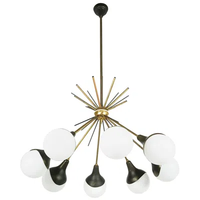 Pre-owned Stilnovo Opaline Glass, Brass & Painted Metal 1950s 8-lights Pendant Lamp In Sand
